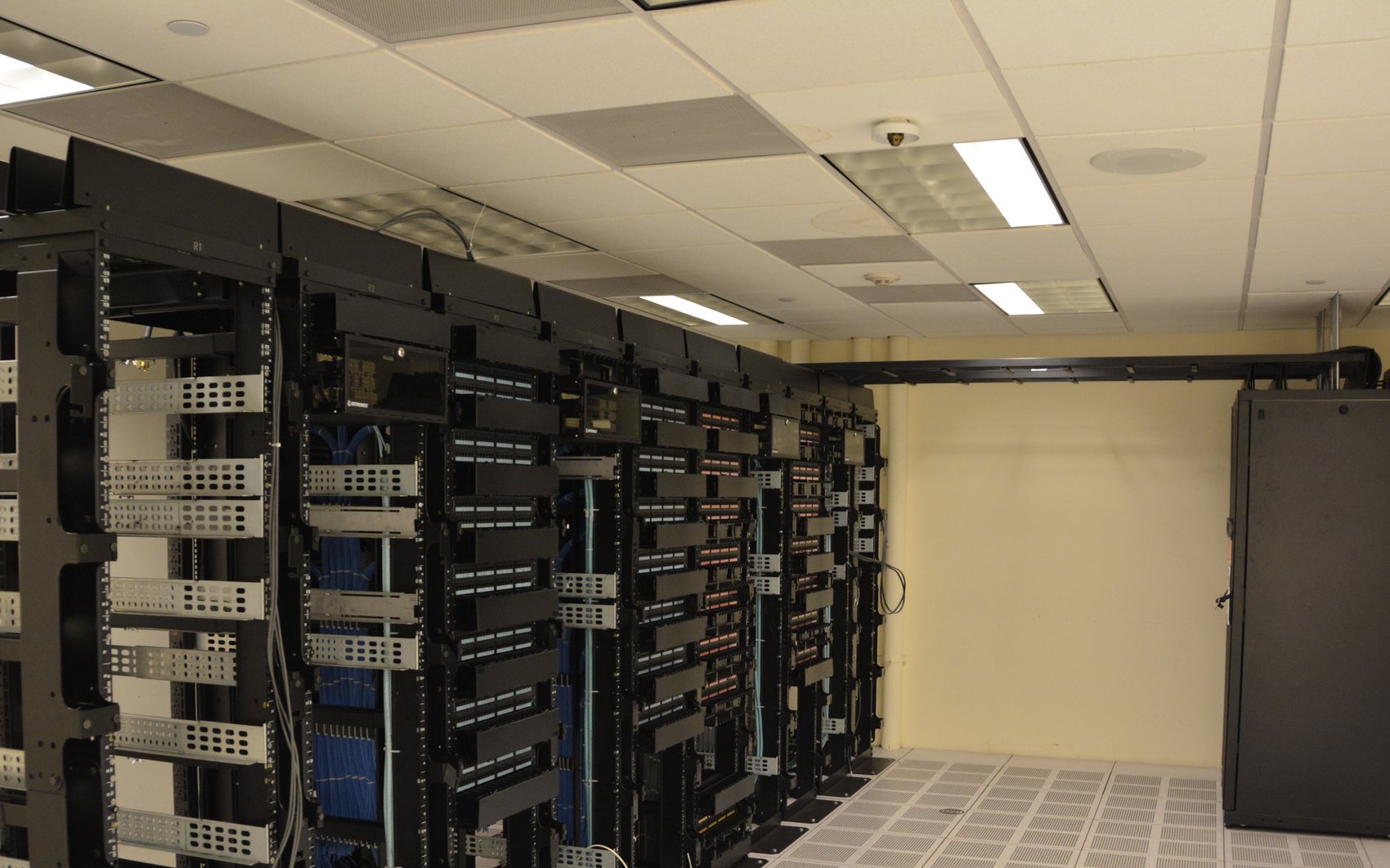 View down a data center server aisle