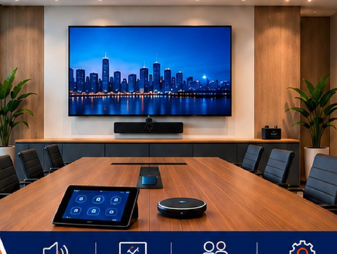 Modern boardroom with video conferencing