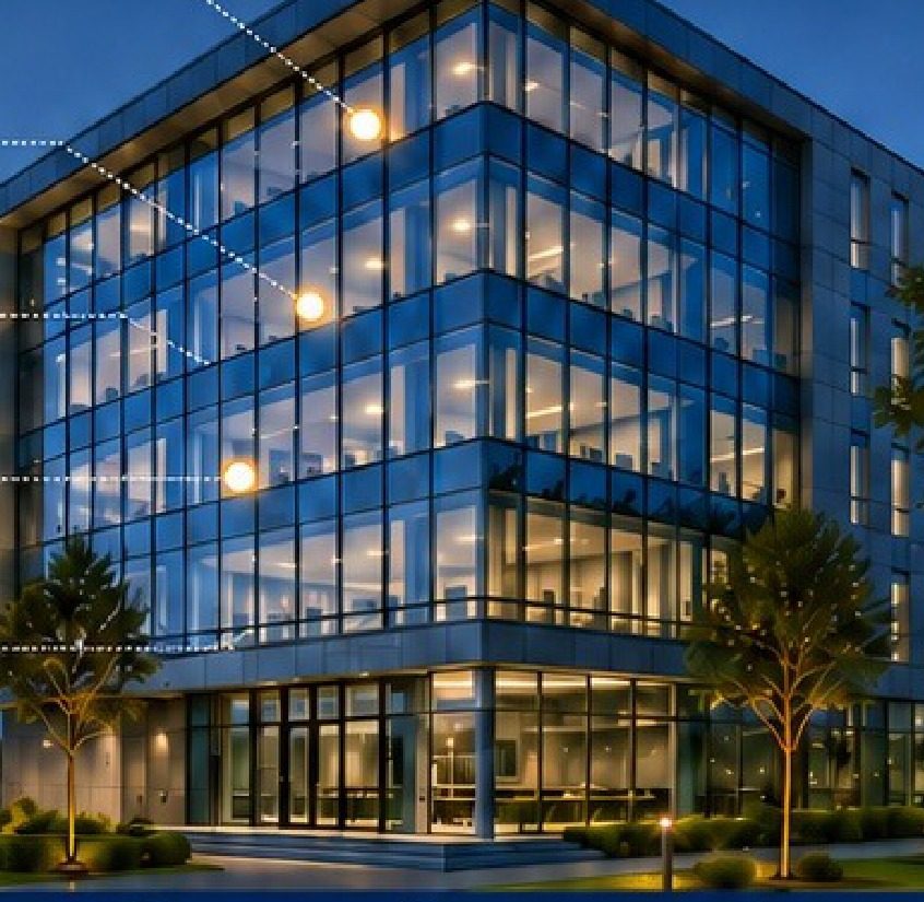 Smart building exterior at dusk